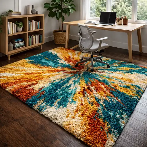 Patterned Modern Shaggy Rugs in teal blue mustard yellow burnt orange and cream abstract design for home office