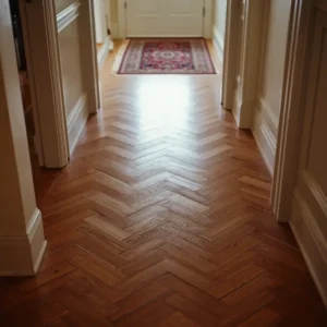 Polished Herringbone Engineered Wood Flooring in a luxury hallway.