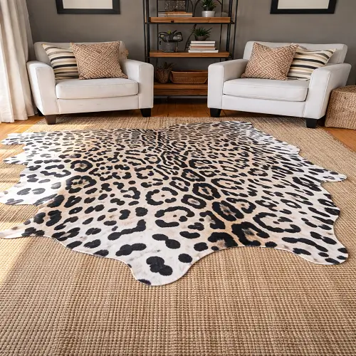 Printed cowhide rug with leopard pattern in black and beige tones placed on a jute rug in a cozy living room with two armchairs and shelving unit.