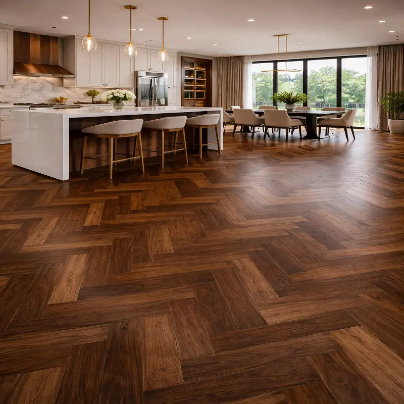 Realistic Deep Walnut Herringbone Wood Flooring in Open-Plan Kitchen