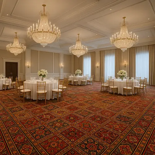 Red, Gold, Brown and Beige Axminster carpet in hotel banquet hall