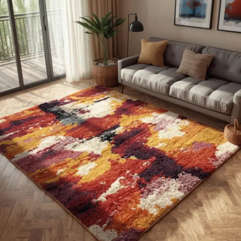 Red, Orange & Cream Abstract Modern Shaggy Rugs for Stylish Bedroom Interiors