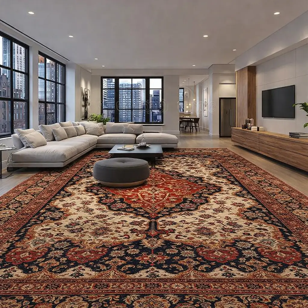 Red and navy Persian style rug in living room