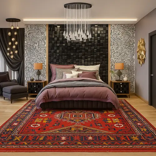 Red, yellow and blue Vintage Rugs in bedroom