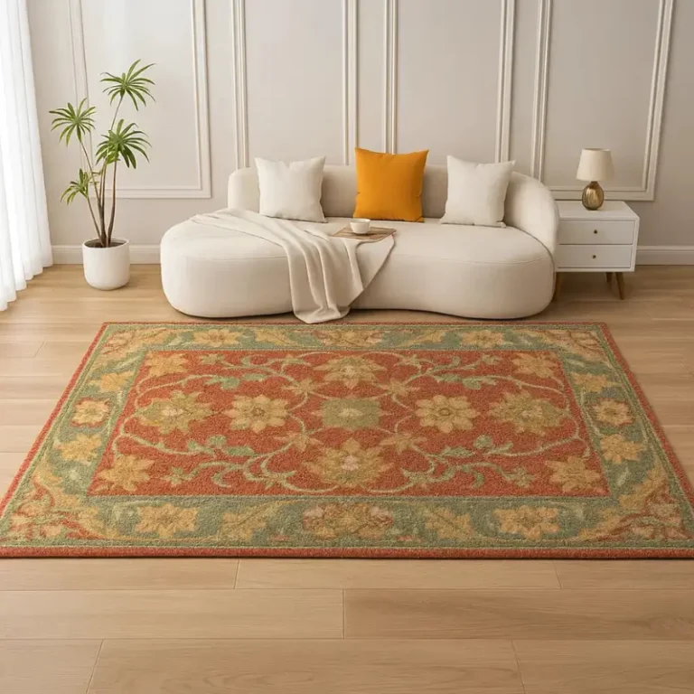 Rust red, sage green, beige, mustard yellow rug in living room