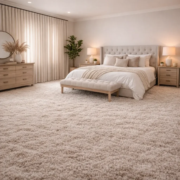 Shaggy wall to wall carpet in bedroom