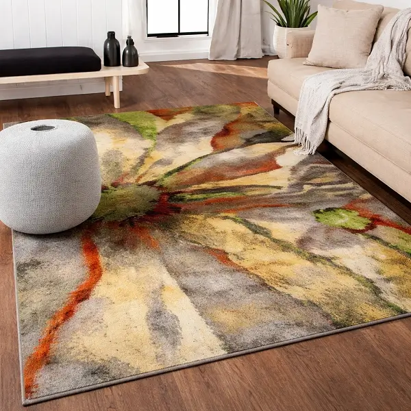 Soft flow abstract rugs with watercolor style design in modern living room interior.