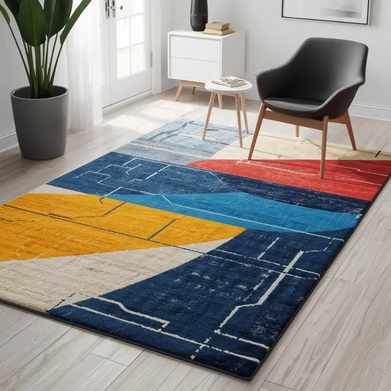 Stylish living room with a Geometric Modern Rug featuring blue and red bold patterns.