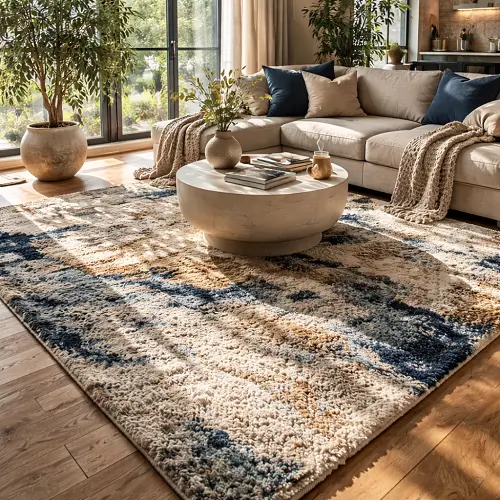 Textured abstract rugs in modern living room with soft neutral tones and cozy interior design.