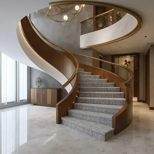 Wall-to-wall stair carpet on elegant curved staircase