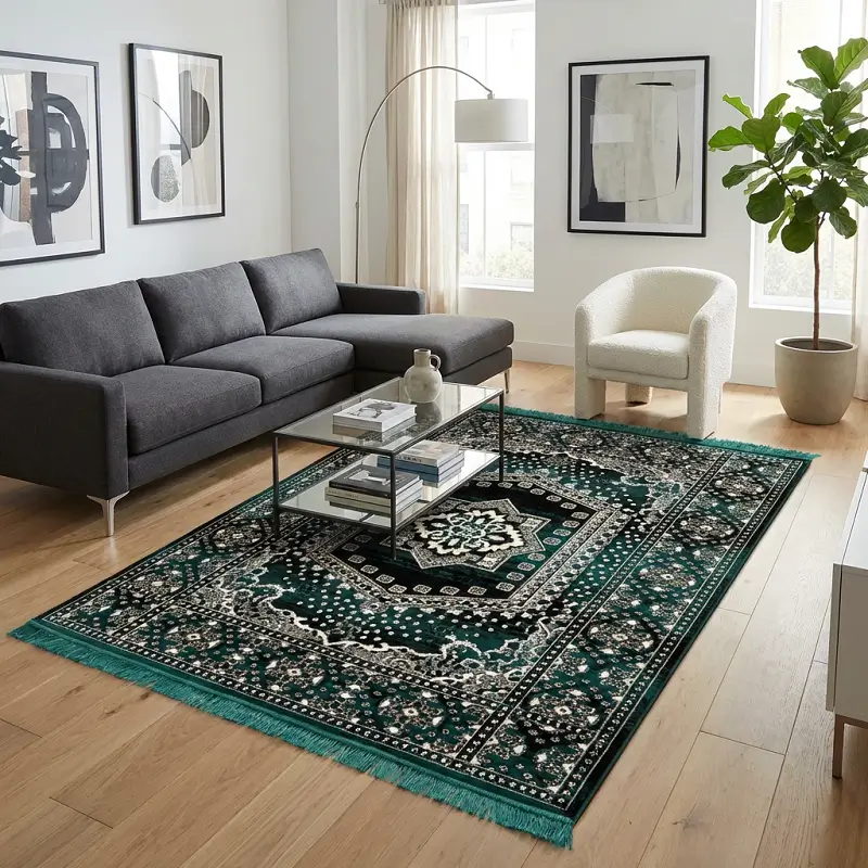 Royal blue and black colored acrylic carpet in modern living room