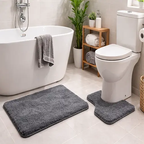 Two gray bathroom mats placed near a bathtub and toilet in a modern, light-colored bathroom with plants and wooden shelving.