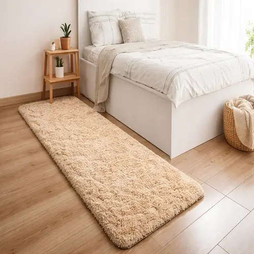 A beige shag bedroom mat placed beside a white bed in a bright, minimalist room with wooden flooring.