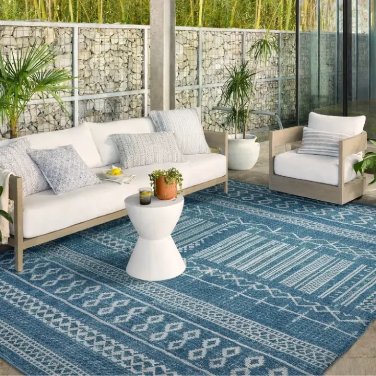 blue and white outdoor carpet in patio