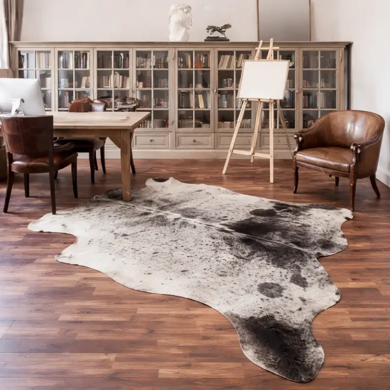 Cowhide rug with white, gray, and black pattern placed on a wooden floor in a stylish office with a wooden desk, leather chairs, and bookshelf background.