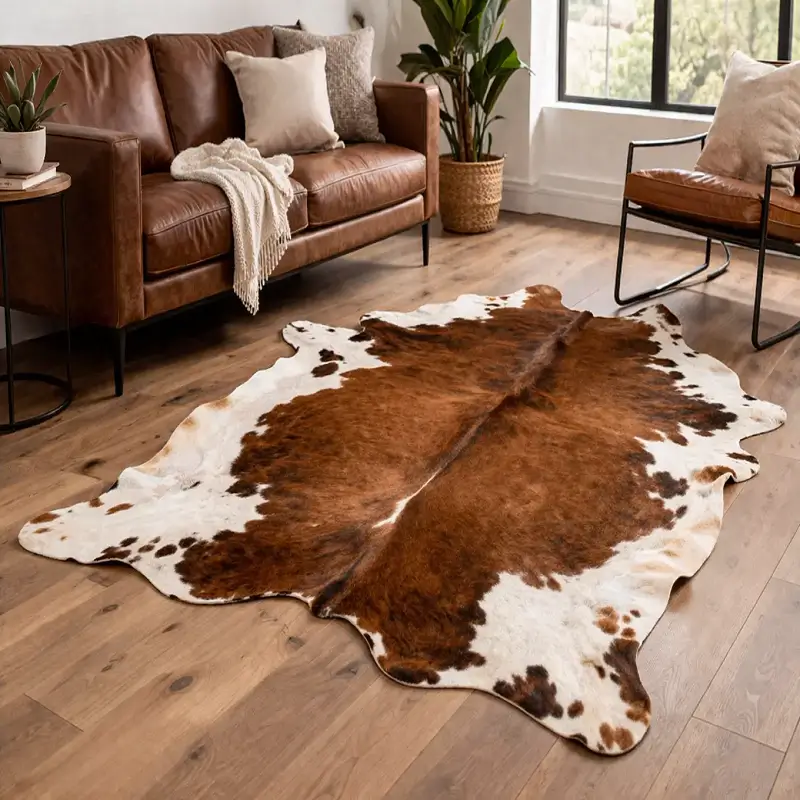 Natural cowhide rug with brown and white pattern placed on a wooden floor, featuring an irregular organic shape and soft textured surface.