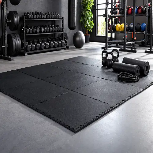Black interlocking rubber gym mats covering the workout area in a modern fitness gym, providing a durable, shock-absorbing, and non-slip surface for exercise equipment and workouts.