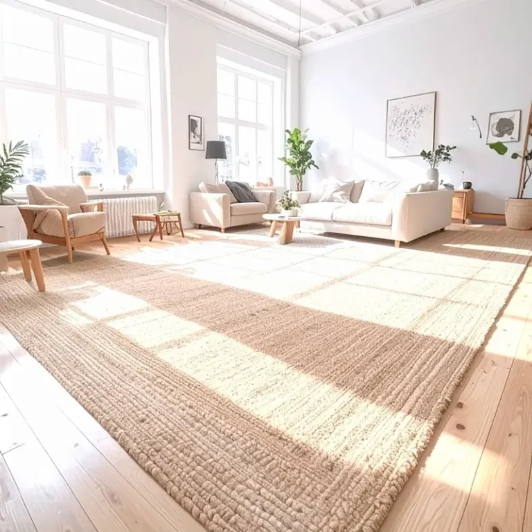 Bright, airy living room featuring a large textured jute carpet, light wooden flooring, neutral sofas, indoor plants, and sunlight streaming through tall windows.