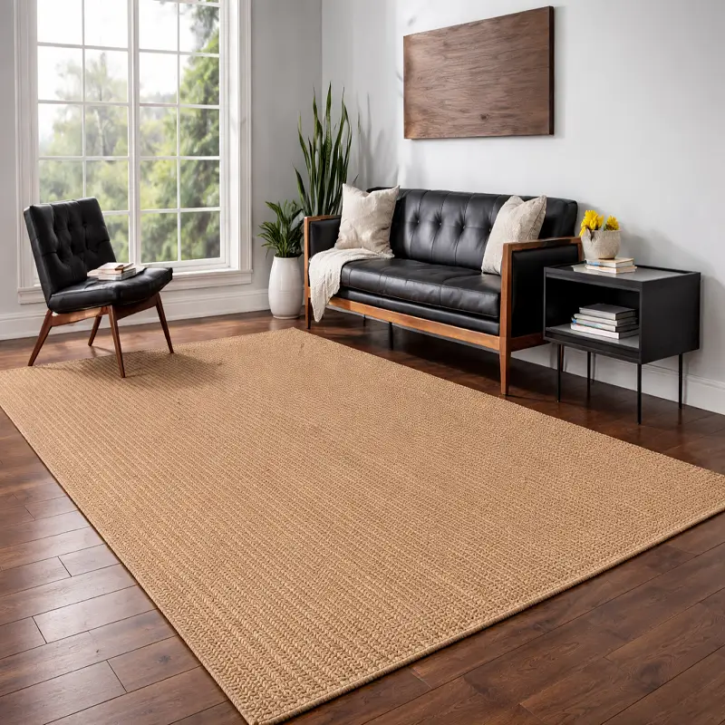 Natural jute rug in warm beige tones placed on a wooden floor in a modern living room with a black leather sofa, chair, and large window.
