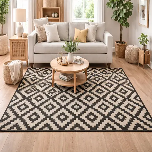 A modern living room with a large black & beige geometric patterned mats, light gray sofa, wooden coffee table, and indoor plants on a light wood floor.