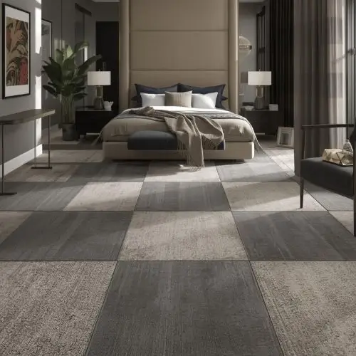 Modern bedroom interior with grey and beige Square Carpet Tiles flooring