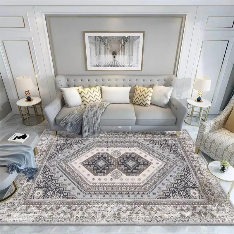 white, brown and blue custom rug in livingroom