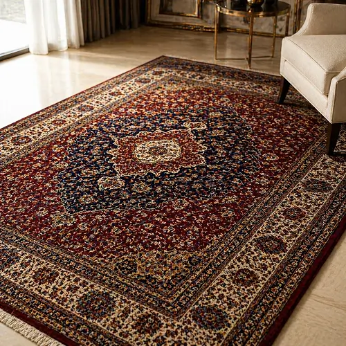 Premium handmade Persian area rug with traditional pattern on polished wood floor