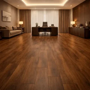 Rigid Core SPC LVT Flooring dark walnut tone in executive office workspace