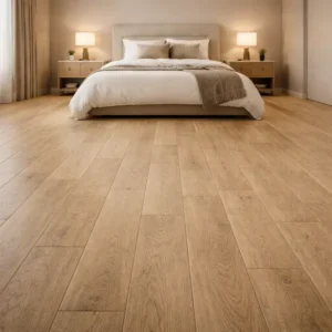 Textured Matte Finish Laminate Flooring Beige Bedroom Interior