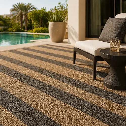 Weather-resistant striped outdoor carpet on Dubai villa patio with lounge furniture