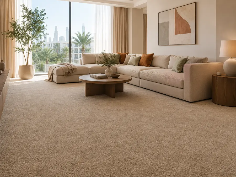Wall-to-wall carpet fitted in a Dubai living room by Urban Carpet Flooring