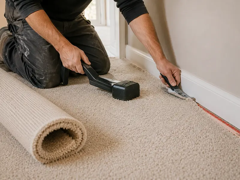 Carpet fitter installing carpet in Dubai