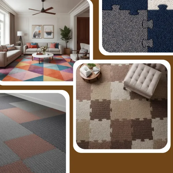 Multicolor, navy blue, and earthy brown interlocking carpet tiles shown in a modern living room and office setting with close-up texture details.