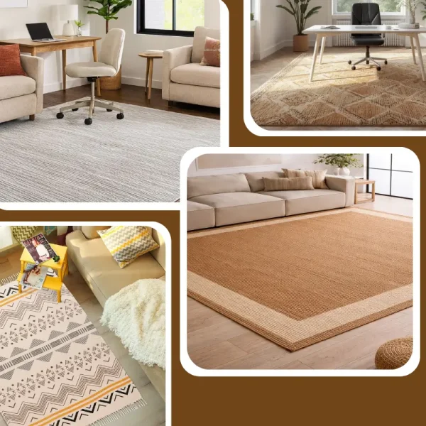 Collage of different rugs in modern interiors, featuring jute rugs and patterned carpets in living rooms, office spaces, and cozy seating areas.